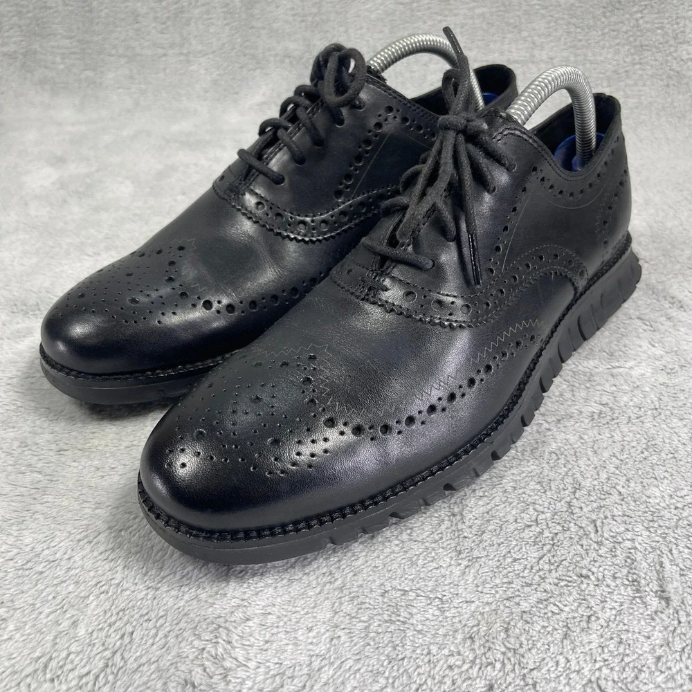 Cole Haan Oxford Men 8 Black Zerogrand Wingtip Brogue Leather Lace Up Comfort